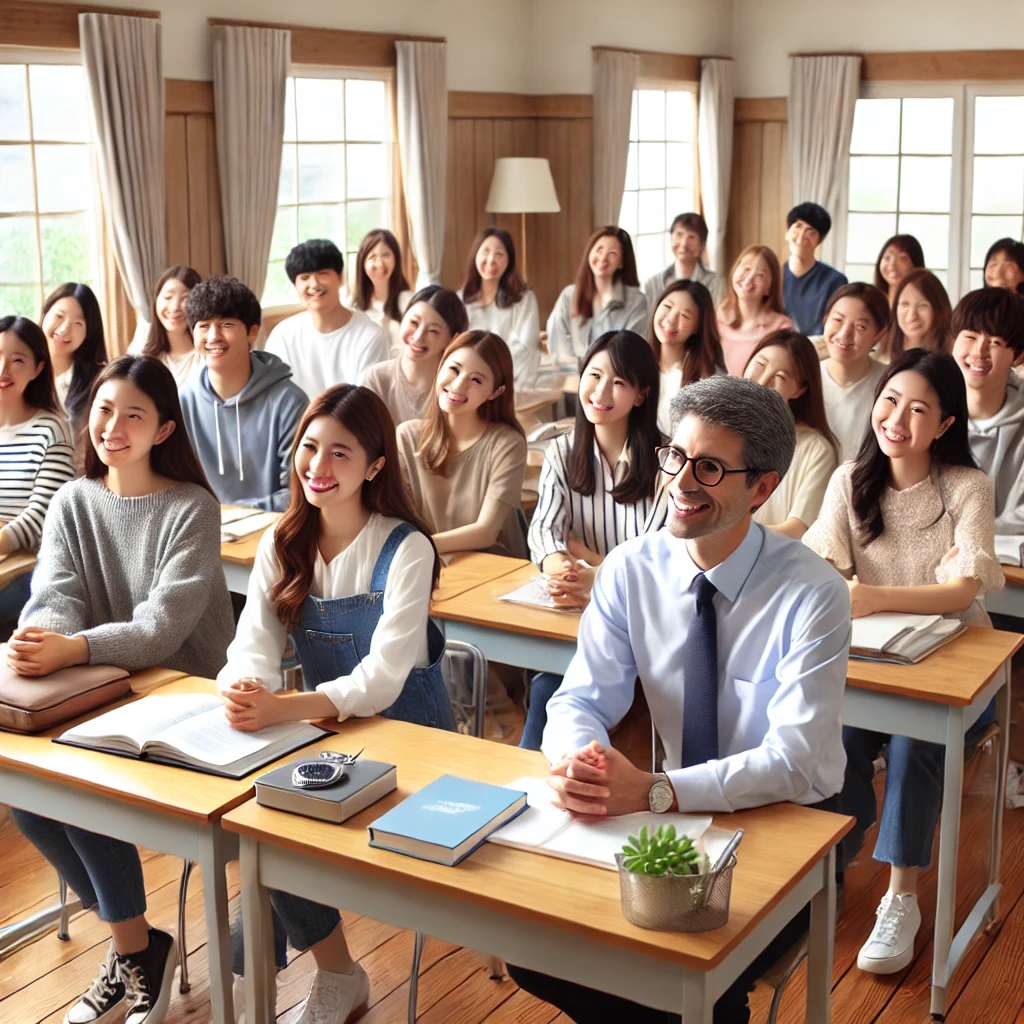 DALL·E 2024-07-05 14.29.36 - A joyful classroom scene with a diverse group of adult students attentively listening to an adult teacher, indoors in a Western country. The